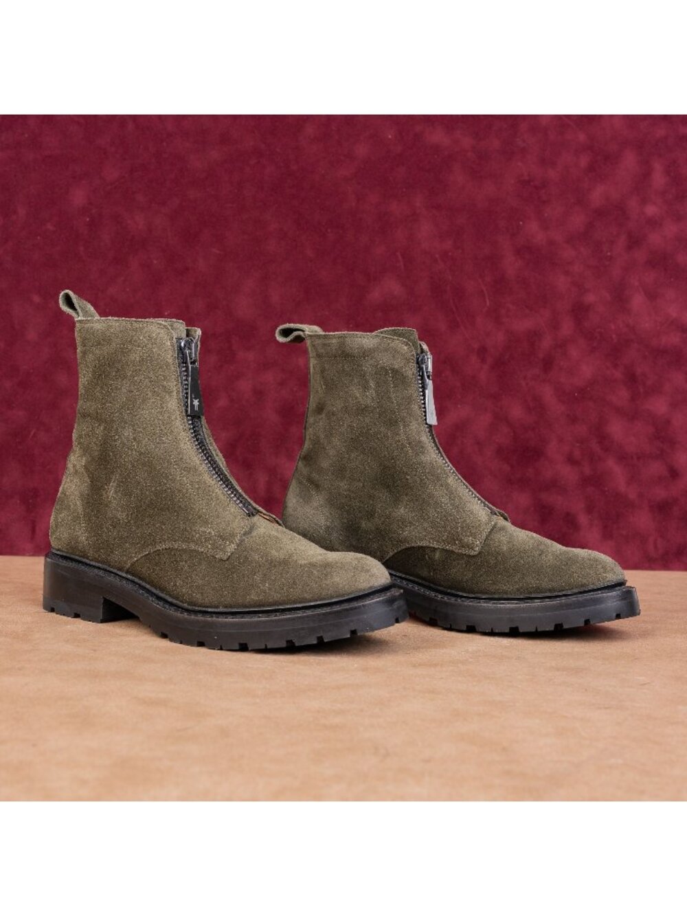 Frye Women Julie Front Zip Olive Suede Festival Party Combat Boots sz 7.5
